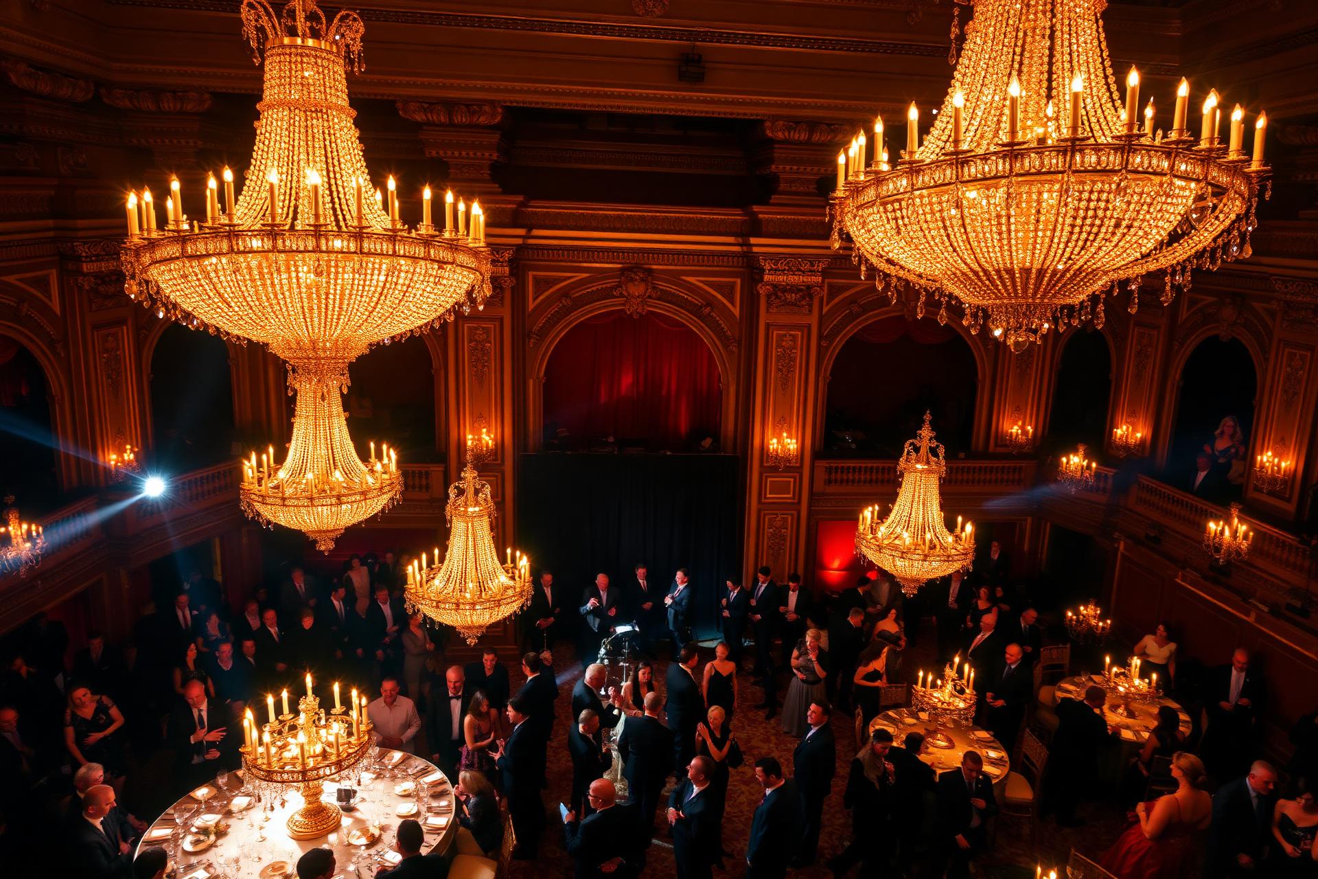 A grand ballroom event under crystal chandeliers